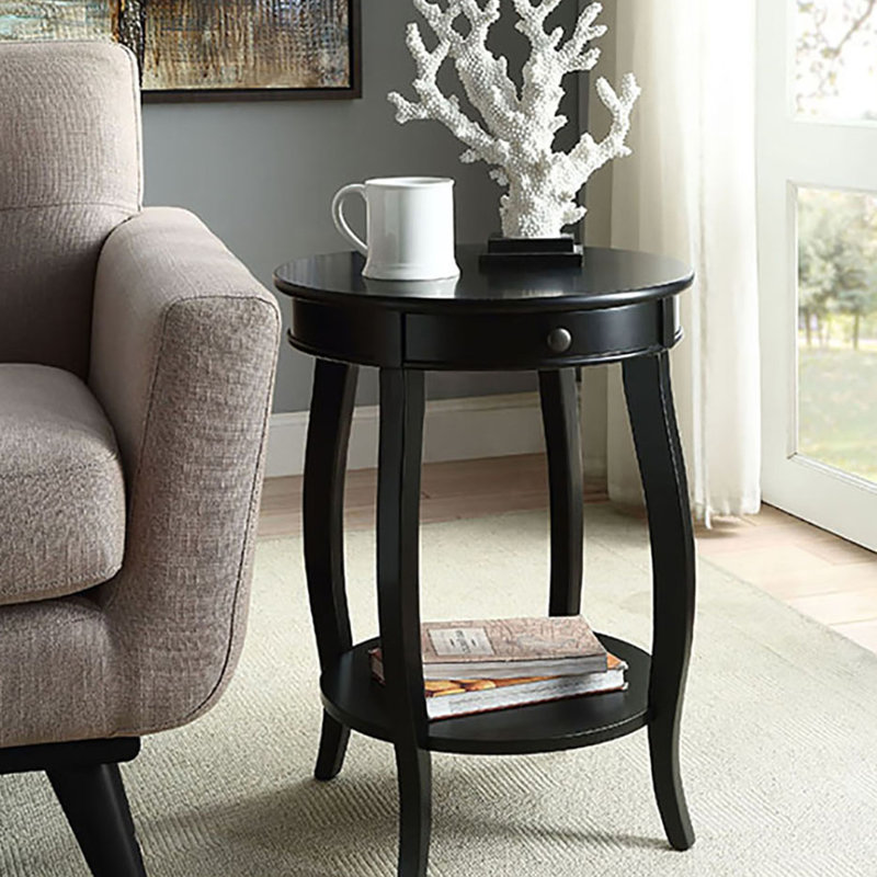 Table de bout en bois noir avec tiroir et tablette inférieure, style rond pour la maison