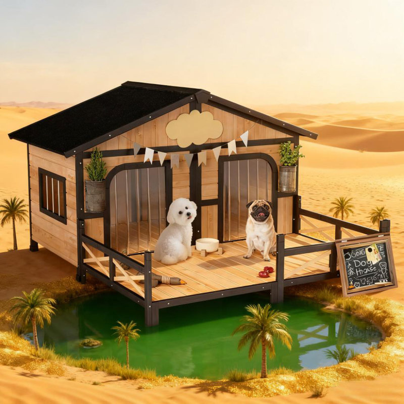 Chenil en bois pour chien avec porche, toit ouvrable, fond amovible, plancher surélevé, chambre double