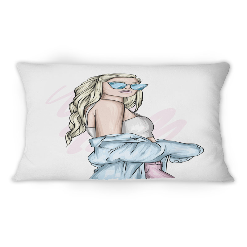 Jeune femme élégante avec lunettes de soleil III - Coussin décoratif imprimé moderne