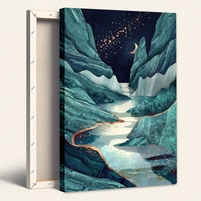Art mural sur toile Teal Layered Mountains River Gold Moon