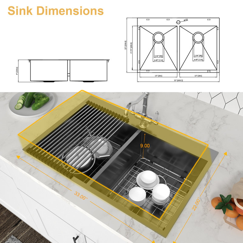 Évier de cuisine à double cuve encastrable en acier inoxydable 33 po L