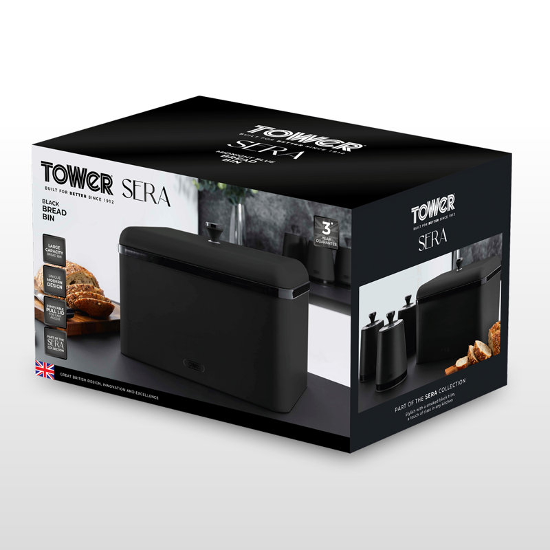 Tower Sera Bread Bin with Removable Lid, Carbon Steel Body, with Smoked Black Trim, Black