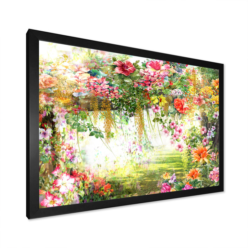 " Multicolor Spring Flowers Impression V " Watercolor Painting, 12'' H x 20'' W x 1'' D, Black Picture Framed