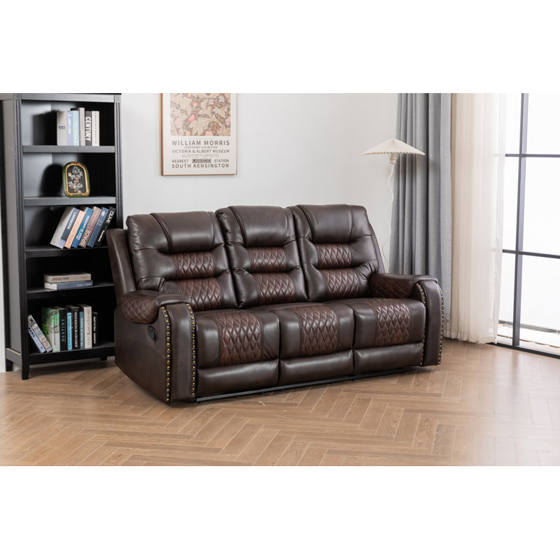 Ilyia Vegan Leather Livingroom Reclining Sofa, Brown Faux Leather