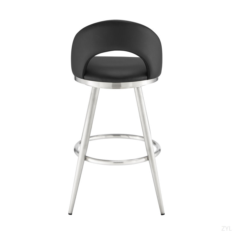 Tabouret tournant 30 "Charlotte en acier inoxydable brossé avec similicuir noir, Acier inoxydable brossé, Noir