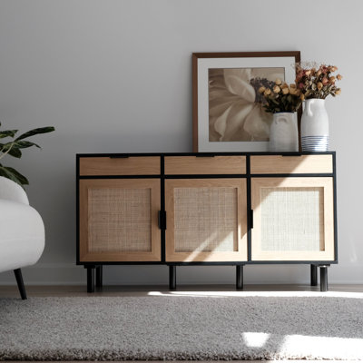 Buffet 55 "avec portes en rotin naturel et 3 tiroirs