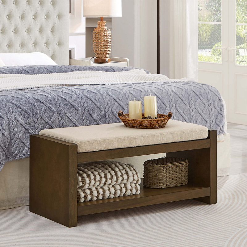 Charming Transitional Accent Bench with Storage and Removable Cushion, Ivory