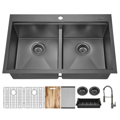 33'' Black Double Bowl Workstation Kitchen Sink W/ Pull Out Faucet 16 Gauge Stainless Steel Drop In Kitchen Sink