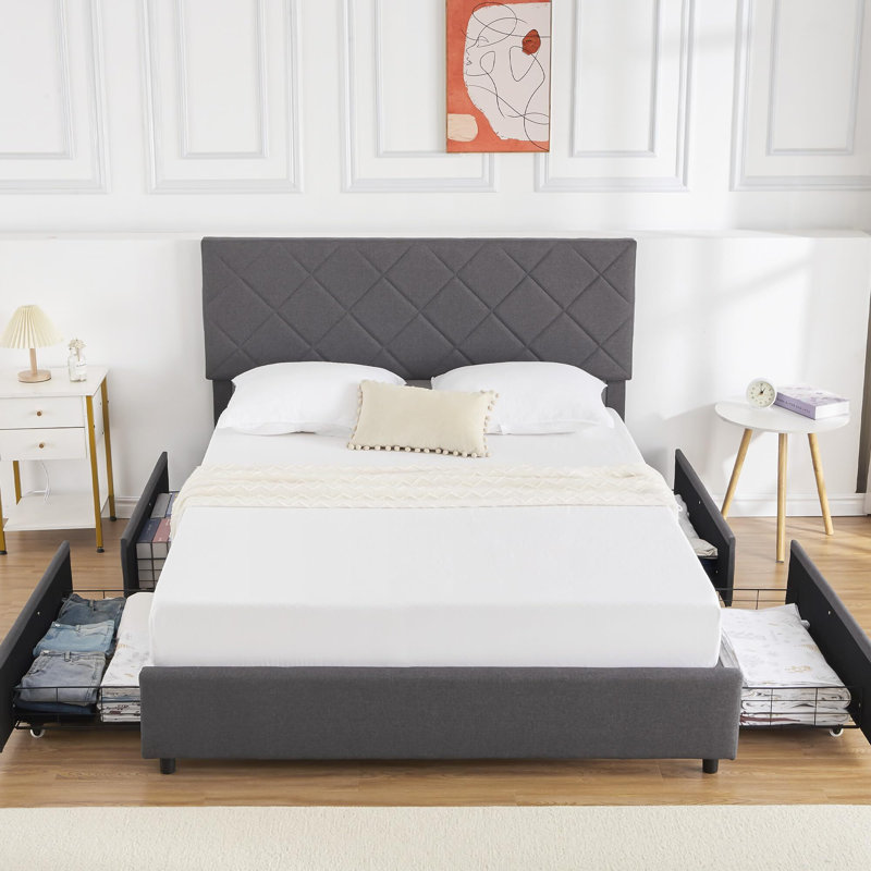 Upholstered Platform Bed Frame With 4 Storage Drawers And Adjustable Headboard, Queen