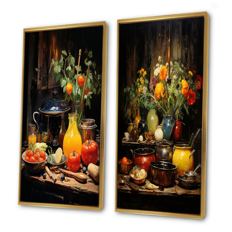 Culinaire symphonique - ensemble d'œuvres d'art mural de 2 ustensiles, Cadre flottant doré, H 32 po x l 33 po
