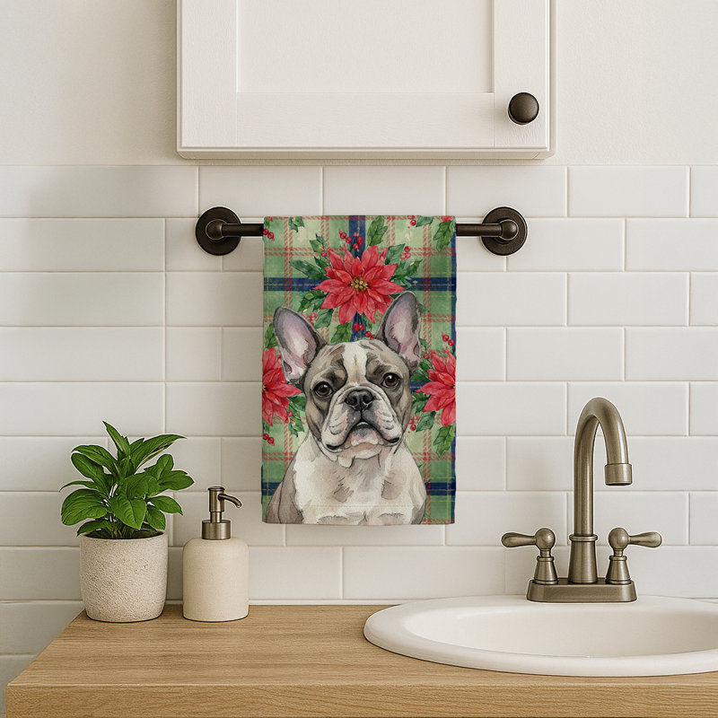 Pied French Bulldog Christmas PoinsettIas Kitchen Towel, White Pied French Bulldog