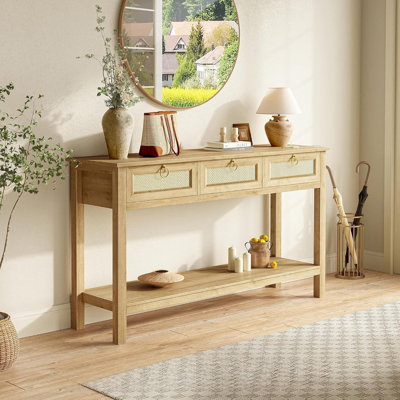 Natural-Colored Artificial Rattan Control Table With Charging Port And Three Drawers, Suitable For Various Home Settings.