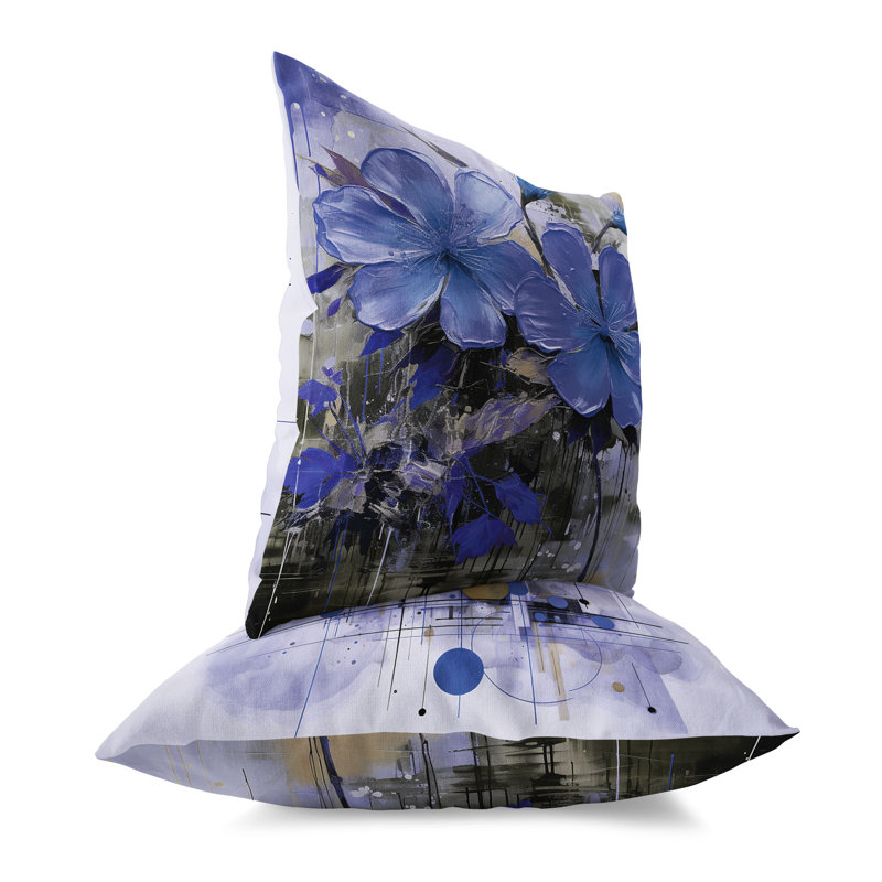Coussin décoratif floral intérieur / extérieur Floral Geo Paint, Bleu/gris, H 26 po x l 26 po