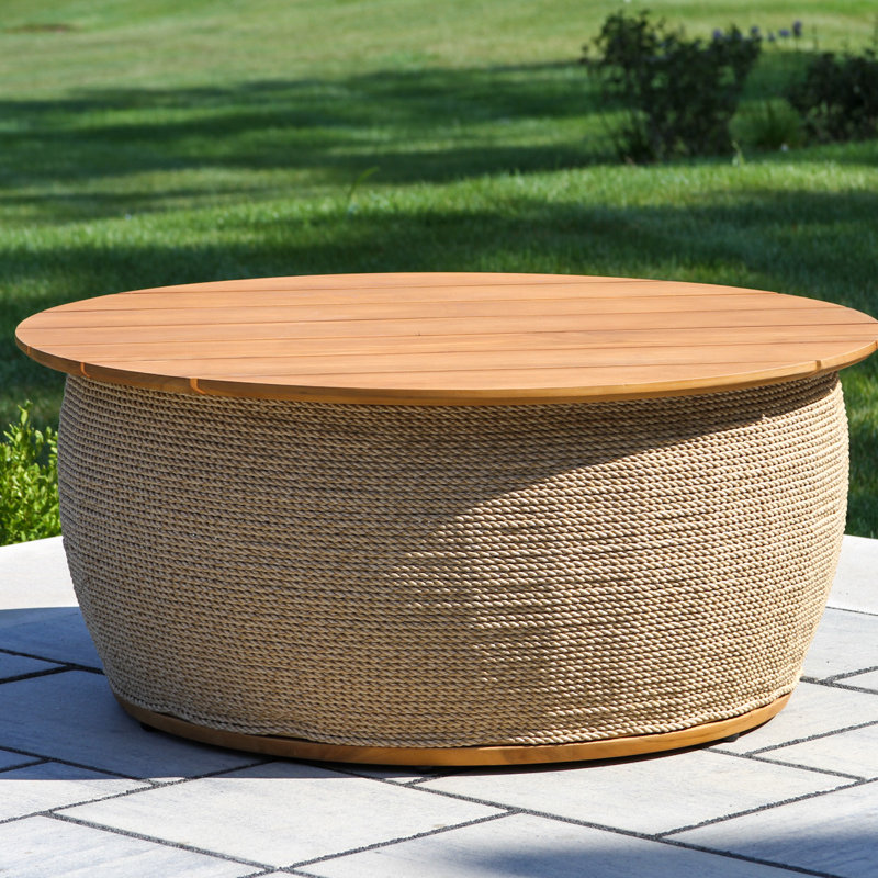 Table basse avec rangement en teck et câble en osier, 36 po de diamètre