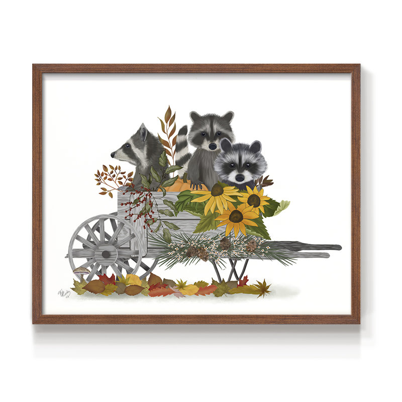 Raccoon Wheelbarrow -Framed Print - Restickable, 22" H x 28" W, Walnut