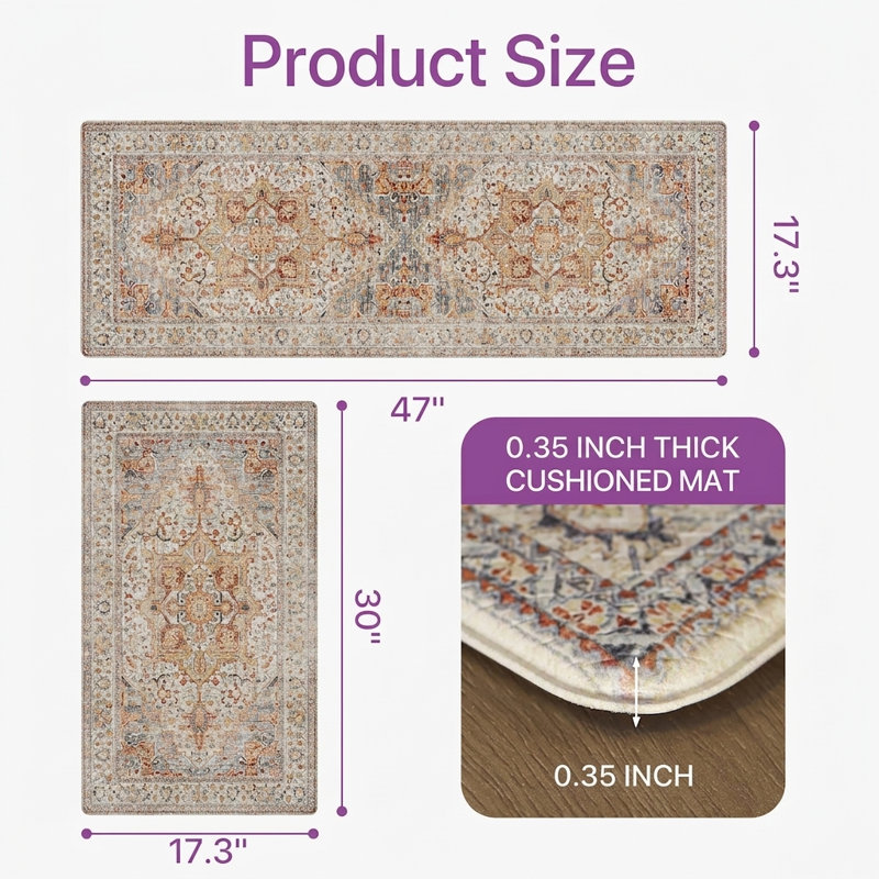 Anti-Fatigue Anti-Slip Waterproof Kitchen Mat, Runner 17" x 59"+17" x 30", Brown/Orange/Beige