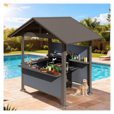 Pavillon de jardin grillagé 9,4 pi x 6,2 pi avec système d'abat-jour modulaire en résine, abri barbecue en acier avec tablettes de rangement et ouvre-bouteille pour patio et cour arrière