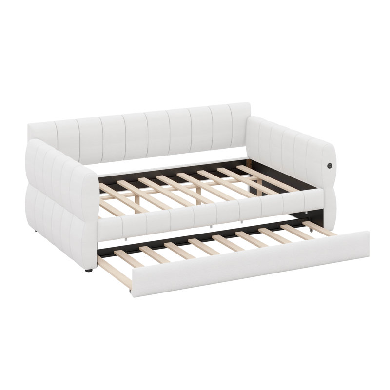 Queen Upholstered Platform Bed With Trundle, White