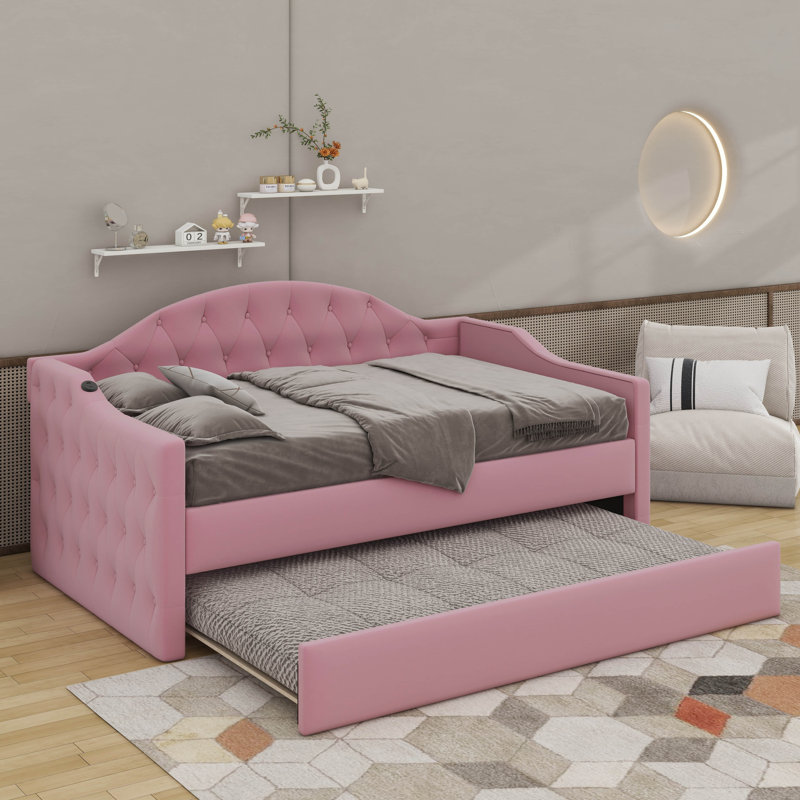 Lit de jour rembourré avec couchette, Lit simple, Rose