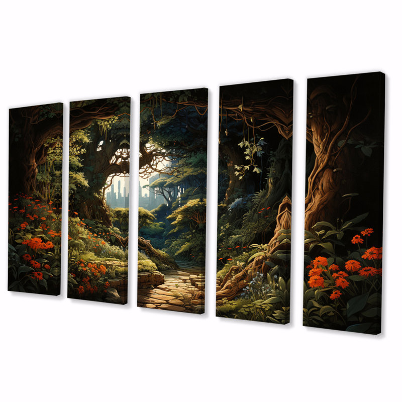 Brown Enchanted Forest Pathway - Landscapes Canvas Print - 5 Equal Panels