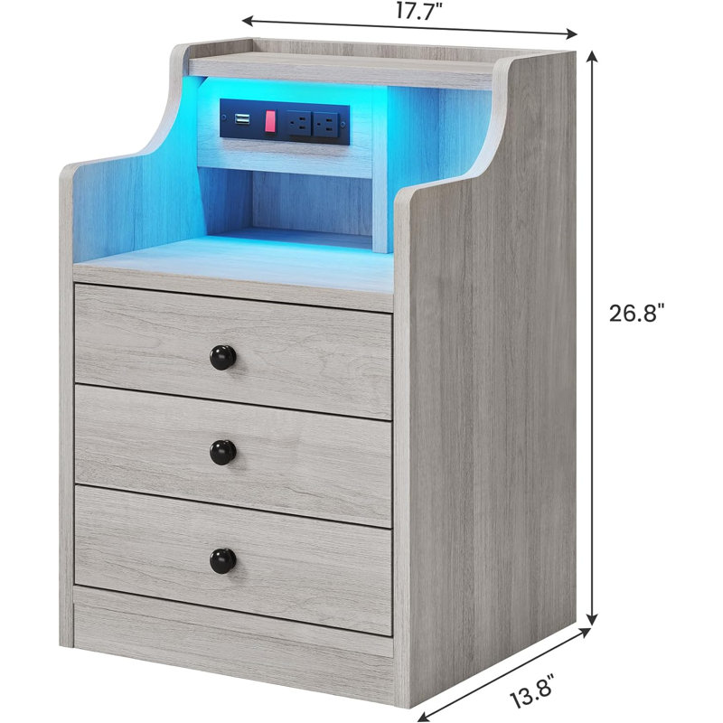 Table de chevet avec station de charge et lumières à DEL, table de chevet avec huche, table de chevet avec tiroirs, table de bout moderne pour la chambre à coucher