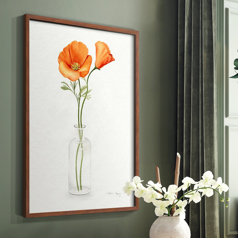 «California Poppy Vase II», reproduction encadrée - bois massif, Brun, H 20 po x l 16 po
