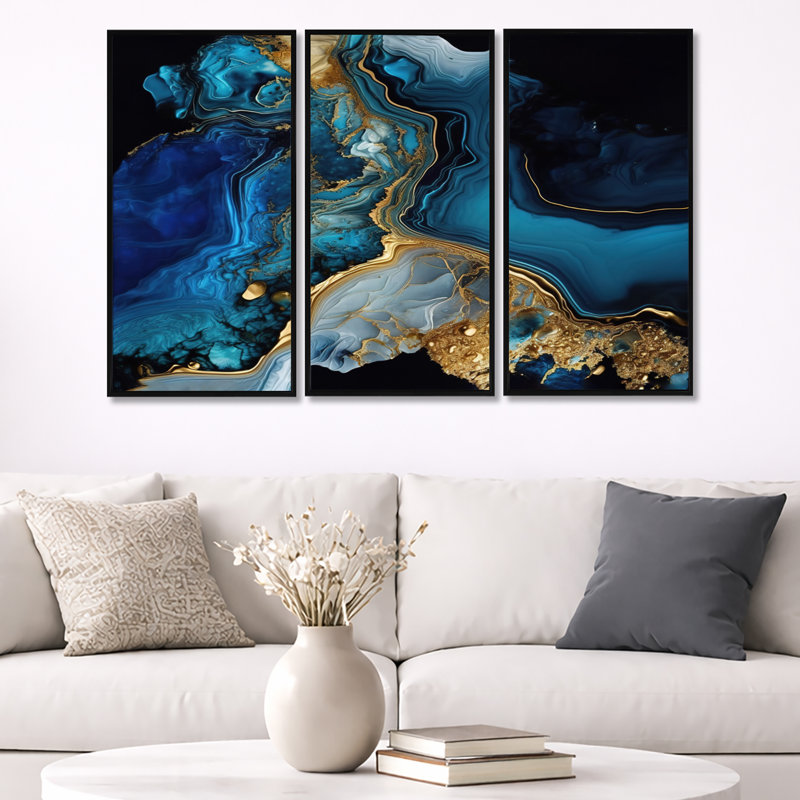 Géode abstraite dorée et marbre bleu IV - 3 pièces sur toile, Cadre flottant, H 28 po x l 36 po, Noir