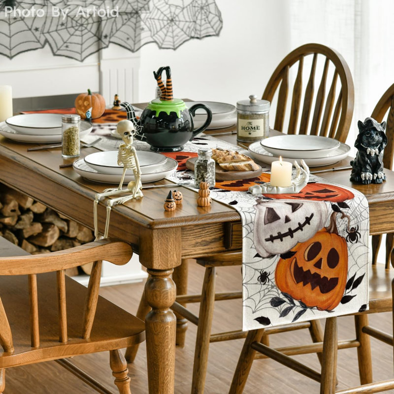 Chemin de table 210 g / m² Halloween 13 x 72 pouces | Toile d'araignée citrouille, décoration de table de salle à manger de cuisine saisonnière