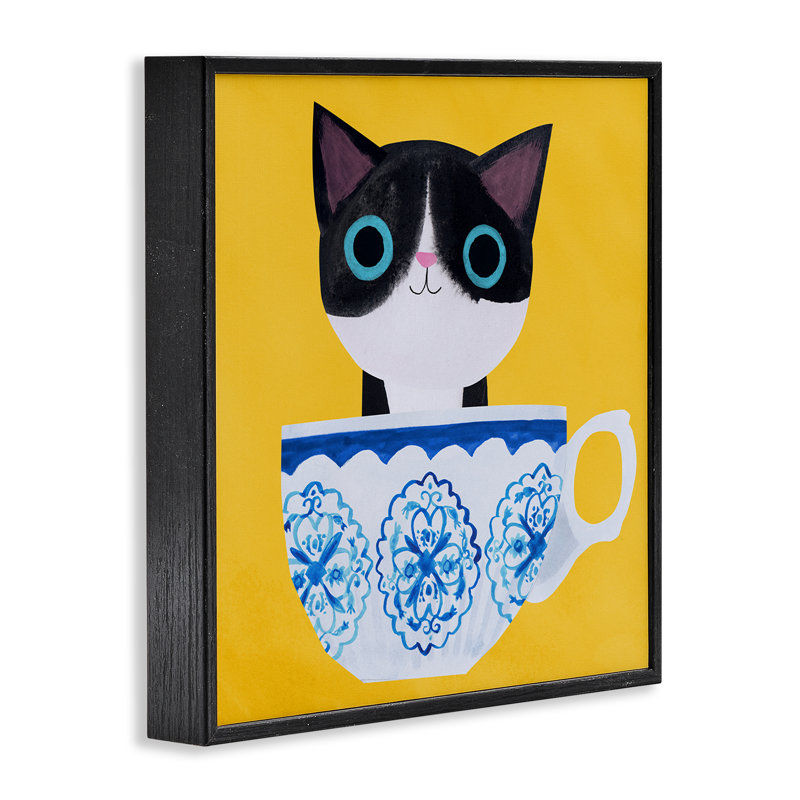Chaton de thé sur giclée jaune encadrée, conception par planète chat par Angie Rozelaar, H 12 po x l 12 po
