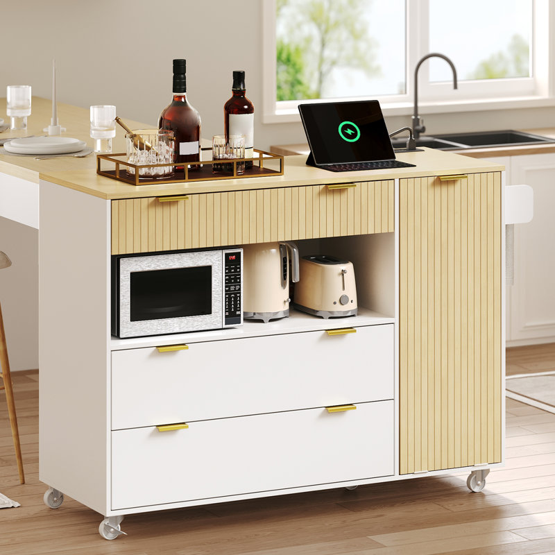 Îlot de cuisine roulant avec armoire à poubelle coulissante, prise de courant, 3 tiroirs, chariot de cuisine mobile sur roulettes pour la cuisine
