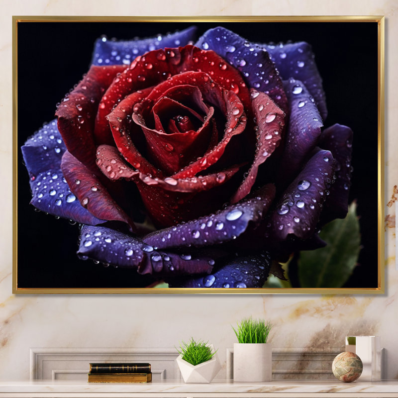 Rose rouge et mauve avec gouttes de pluie - art mural floral, 24" H x 32" W, Cadre flottant doré