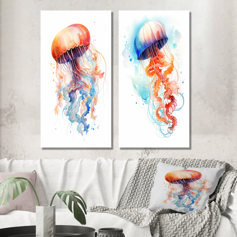 Orange et bleu méduse Jive I - ensemble d'art mural sur toile méduse, Toile tendue, H 28 po x l 25 po