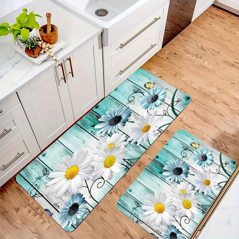 Teal Daisy Kitchen Mats, 2 Pack for Farmhouse Kitchen Decor