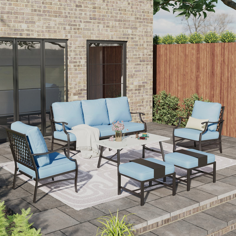 Ensemble de conversation de patio pour 5 à 7 personnes avec repose-pieds optionnel Asfand, Bleu, Oui