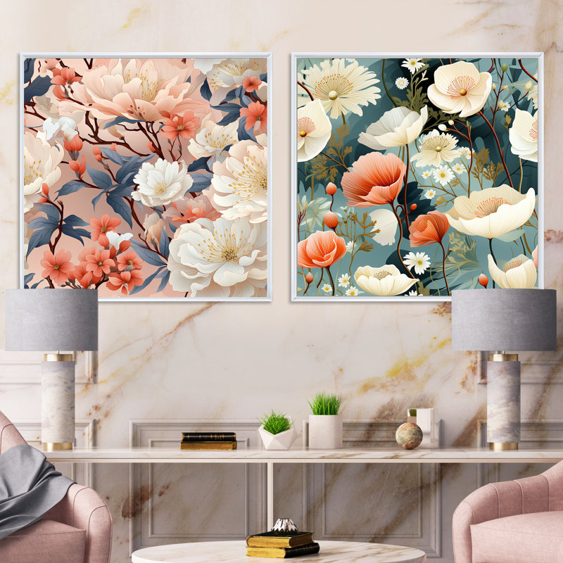 Herblay - Ensemble de 2 collages carrés floraux, Cadre flottant blanc, H 36 po x l 73 po