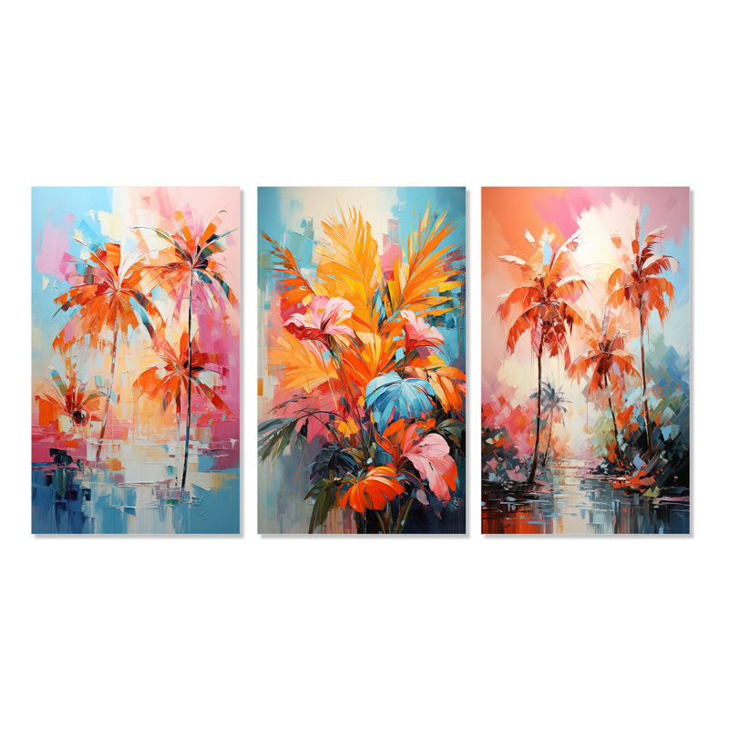«Orange Pink Palm Trees Abstract», 3 pièces sur toile, Toile tendue, H 32 po x l 48 po