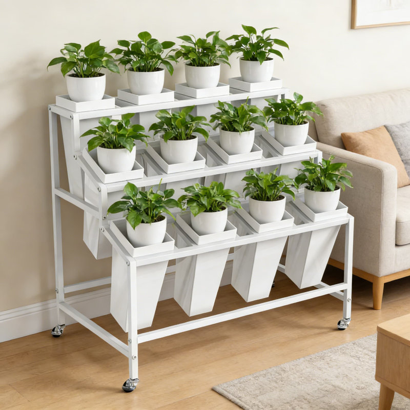 Présentoir à fleurs à 3 niveaux avec 12 seaux amovibles - Chariot de fleuriste en métal robuste avec roues verrouillables pour l'intérieur et l'extérieur