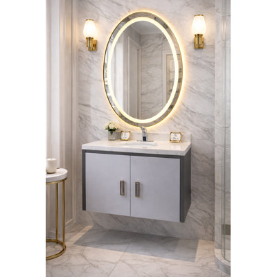 Meuble-lavabo simple flottant avec comptoir en marbre véritable et miroir