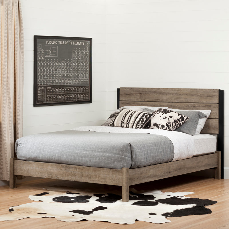 Munich Queen Platform Bed on Legs - Rustic Style Weathered Oak, Full, Weathered Oak/Matte Black