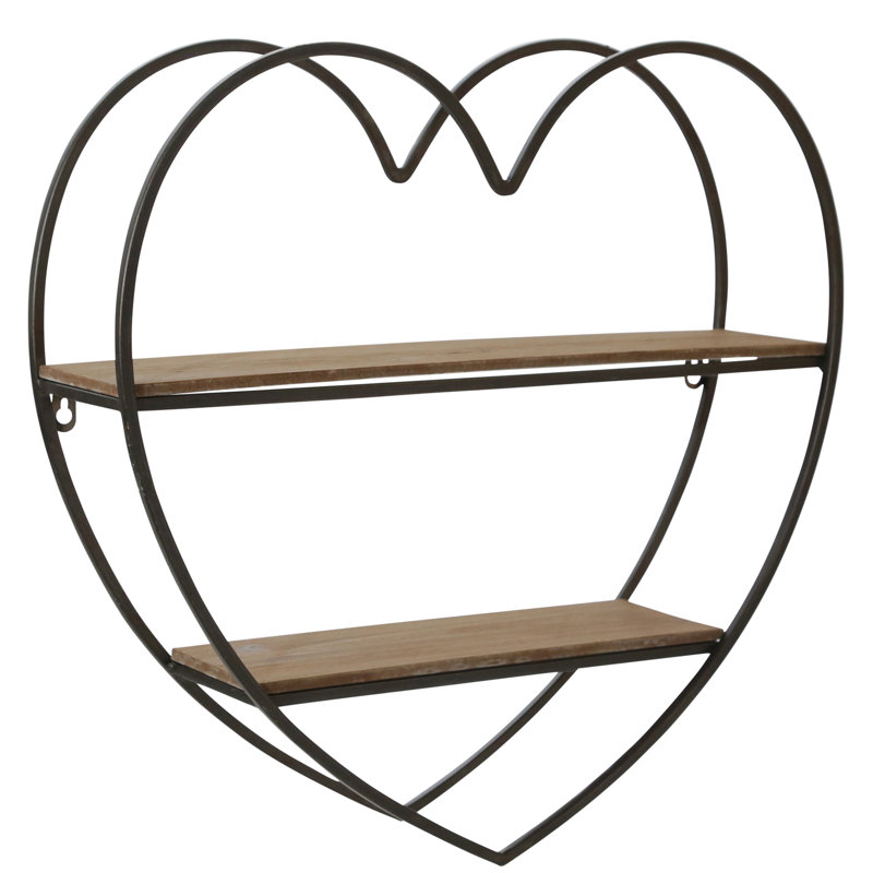 Elise Heart-Shaped Metal and Wood Wall Shelf with Iron Frame and Plywood Shelves, Decorative Hanging Storage with Sturdy Design for Functional Display