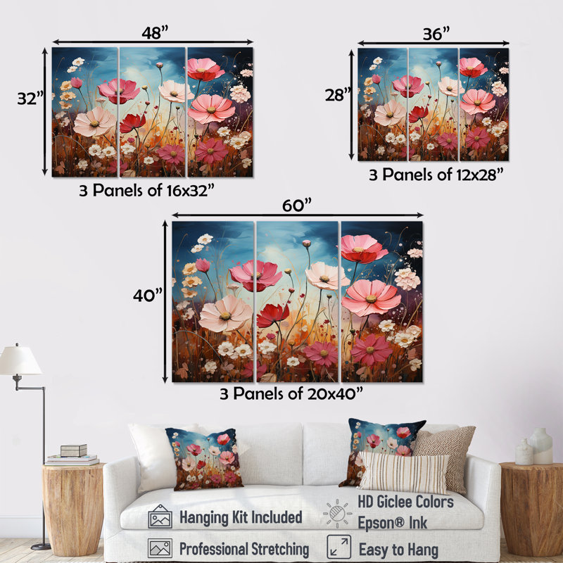 «Pink Crimson Flower Meadow Field IV», ensemble d'art mural floral, H 32 po x l 48 po x P 1 po