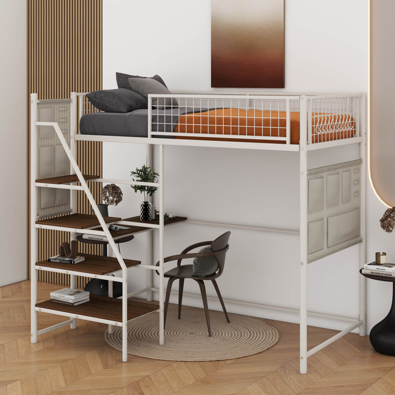 Twin Size Loft Metal Bed With Built-In Charging Station And LED Light, White