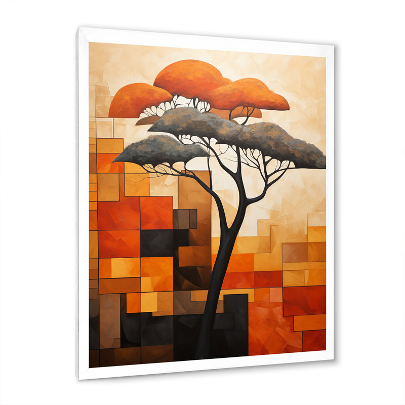 Cubist African Tree Landscape 1 - Art mural africain, Cadre photo blanc, H 20 po x l 12 po x P 1 po