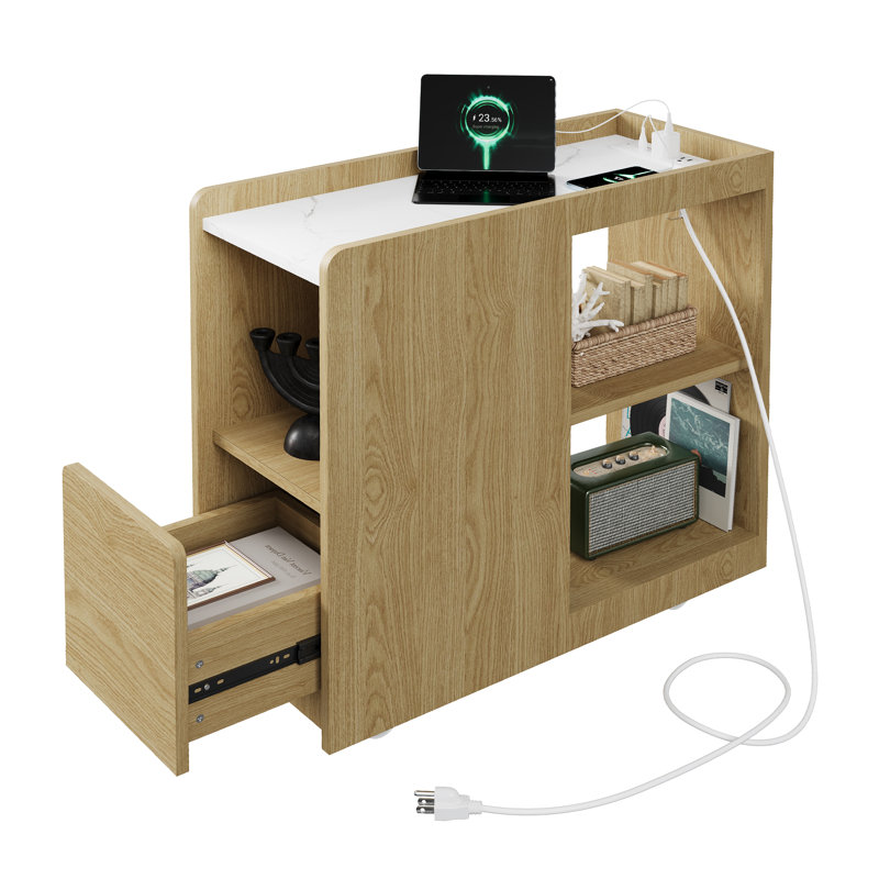 Buffet avec station de charge, table d'appoint avec tiroir, tablette réglable à 3 niveaux, 2 prises de courant, ports USB et Type-c, roues verrouillables