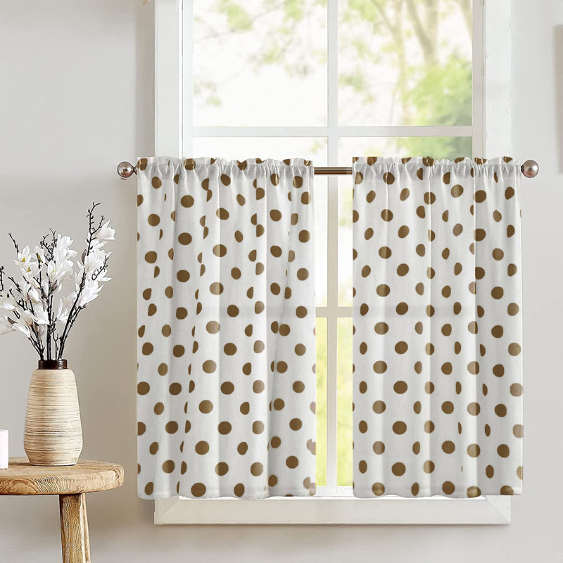 Cotton Blend Polka Dots Tailored Cafe Curtain, Brown/White