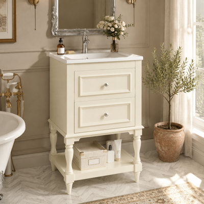 20 Inch Bathroom Vanity with Sink and Storage, Freestanding Bathroom Cabinet with Ceramic Basin, 2 Drawers and Open Shelf, Small Bathroom Vanity with Solid Wood Legs