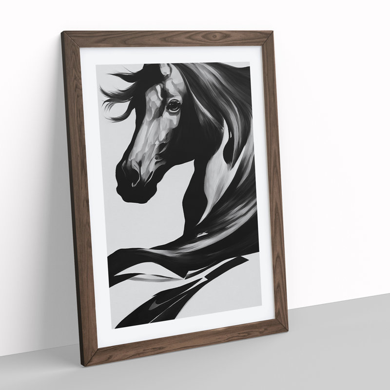 Monochrome Horse No.5 - Single Picture Frame Painting, Walnut, 64cm H x 46cm W x 2cm D