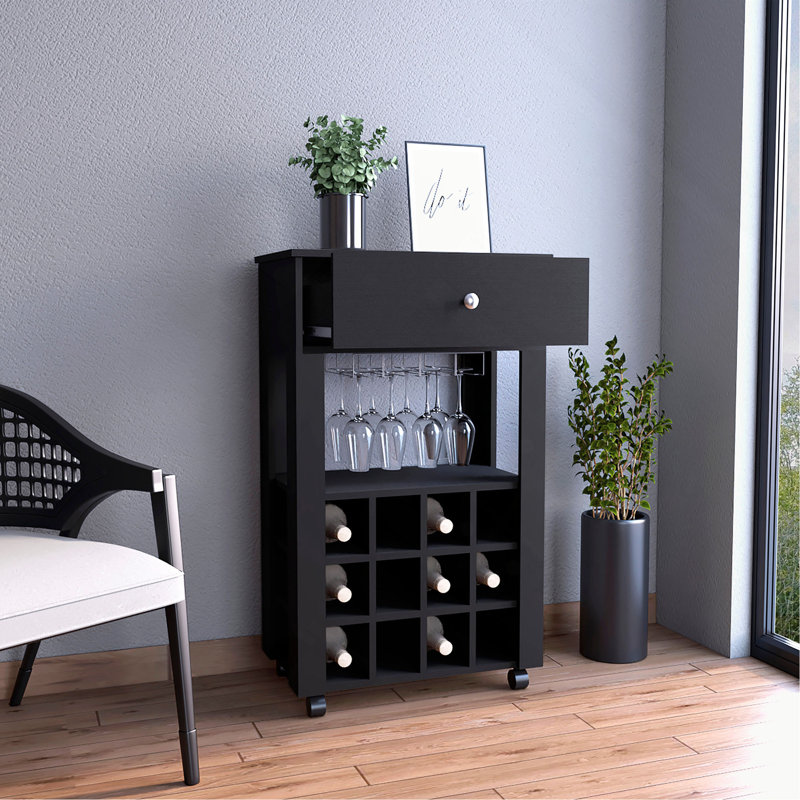 Bar Cart, Twelve Built-in Wine Rack, Four Legs, One Open Shelf, Black