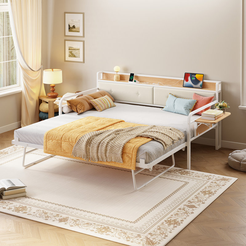 Lit de jour simple avec lit gigogne, tête de lit rembourrée avec tablette et sac de rangement, tables d'appoint, Blanc