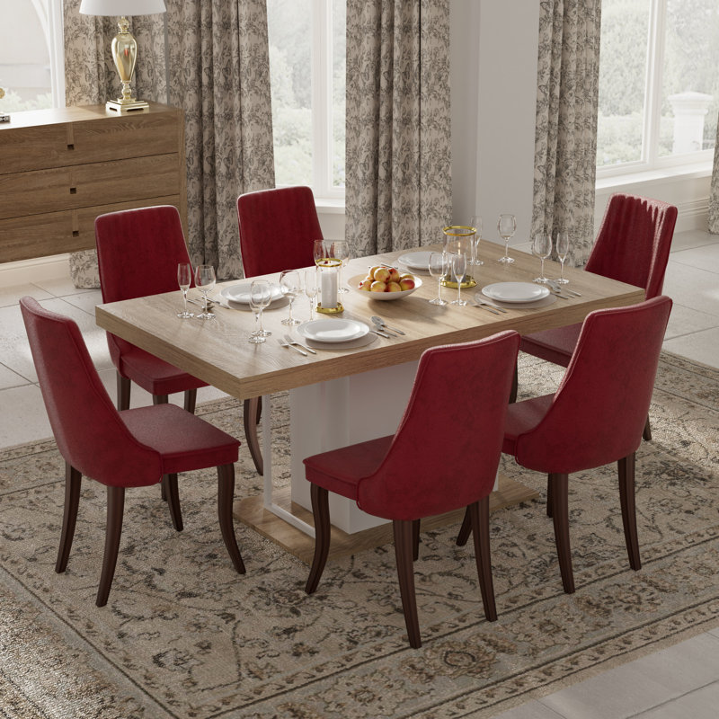 7 Pieces Modern Farmhouse Rectangle Dining Set with Mid-century High Back Dining Chair Set for 6, Red, Natural/White